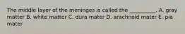 The middle layer of the meninges is called the __________. A. gray matter B. white matter C. dura mater D. arachnoid mater E. pia mater