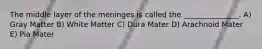 The middle layer of the meninges is called the _______________. A) Gray Matter B) White Matter C) Dura Mater D) Arachnoid Mater E) Pia Mater