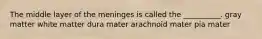 The middle layer of the meninges is called the __________. gray matter white matter dura mater arachnoid mater pia mater