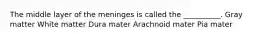 The middle layer of the meninges is called the __________. Gray matter White matter Dura mater Arachnoid mater Pia mater