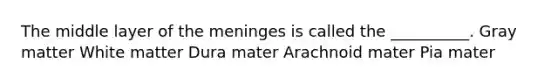 The middle layer of the meninges is called the __________. Gray matter White matter Dura mater Arachnoid mater Pia mater