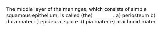 The middle layer of the meninges, which consists of simple squamous epithelium, is called (the) ________. a) periosteum b) dura mater c) epideural space d) pia mater e) arachnoid mater