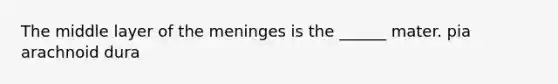 The middle layer of the meninges is the ______ mater. pia arachnoid dura