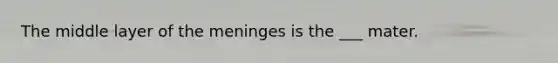 The middle layer of <a href='https://www.questionai.com/knowledge/k36SqhoPCV-the-meninges' class='anchor-knowledge'>the meninges</a> is the ___ mater.