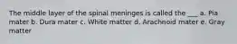 The middle layer of the spinal meninges is called the ___ a. Pia mater b. Dura mater c. White matter d. Arachnoid mater e. Gray matter