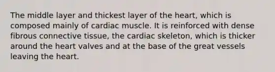 The middle layer and thickest layer of the heart, which is composed mainly of cardiac muscle. It is reinforced with dense fibrous connective tissue, the cardiac skeleton, which is thicker around the heart valves and at the base of the great vessels leaving the heart.