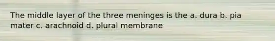 The middle layer of the three meninges is the a. dura b. pia mater c. arachnoid d. plural membrane