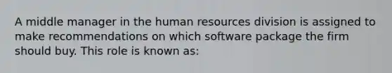 A middle manager in the human resources division is assigned to make recommendations on which software package the firm should buy. This role is known as: