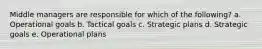 Middle managers are responsible for which of the following? a. Operational goals b. Tactical goals c. Strategic plans d. Strategic goals e. Operational plans