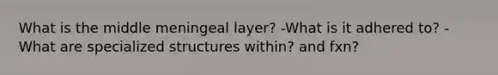 What is the middle meningeal layer? -What is it adhered to? -What are specialized structures within? and fxn?