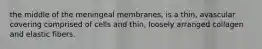 the middle of the meningeal membranes, is a thin, avascular covering comprised of cells and thin, loosely arranged collagen and elastic fibers.