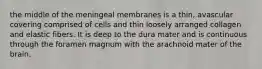 the middle of the meningeal membranes is a thin, avascular covering comprised of cells and thin loosely arranged collagen and elastic fibers. It is deep to the dura mater and is continuous through the foramen magnum with the arachnoid mater of the brain.