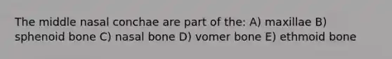 The middle nasal conchae are part of the: A) maxillae B) sphenoid bone C) nasal bone D) vomer bone E) ethmoid bone
