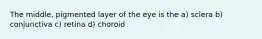 The middle, pigmented layer of the eye is the a) sclera b) conjunctiva c) retina d) choroid