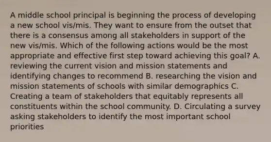 A middle school principal is beginning the process of developing a new school vis/mis. They want to ensure from the outset that there is a consensus among all stakeholders in support of the new vis/mis. Which of the following actions would be the most appropriate and effective first step toward achieving this goal? A. reviewing the current vision and mission statements and identifying changes to recommend B. researching the vision and mission statements of schools with similar demographics C. Creating a team of stakeholders that equitably represents all constituents within the school community. D. Circulating a survey asking stakeholders to identify the most important school priorities