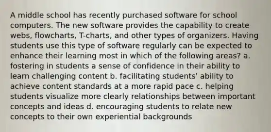 A middle school has recently purchased software for school computers. The new software provides the capability to create webs, flowcharts, T-charts, and other types of organizers. Having students use this type of software regularly can be expected to enhance their learning most in which of the following areas? a. fostering in students a sense of confidence in their ability to learn challenging content b. facilitating students' ability to achieve content standards at a more rapid pace c. helping students visualize more clearly relationships between important concepts and ideas d. encouraging students to relate new concepts to their own experiential backgrounds