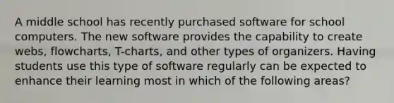 A middle school has recently purchased software for school computers. The new software provides the capability to create webs, flowcharts, T-charts, and other types of organizers. Having students use this type of software regularly can be expected to enhance their learning most in which of the following areas?