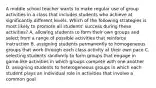 A middle school teacher wants to make regular use of group activities in a class that includes students who achieve at significantly different levels. Which of the following strategies is most likely to promote all students' success during these activities? A. allowing students to form their own groups and select from a range of possible activities that reinforce instruction B. assigning students permanently to homogeneous groups that work through each class activity at their own pace C. selecting students randomly to form groups that engage in game-like activities in which groups compete with one another D. assigning students to heterogeneous groups in which each student plays an individual role in activities that involve a common goal