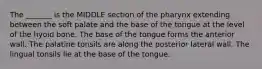 The _______ is the MIDDLE section of the pharynx extending between the soft palate and the base of the tongue at the level of the hyoid bone. The base of the tongue forms the anterior wall. The palatine tonsils are along the posterior lateral wall. The lingual tonsils lie at the base of the tongue.