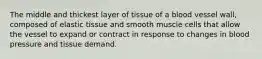 The middle and thickest layer of tissue of a blood vessel wall, composed of elastic tissue and smooth muscle cells that allow the vessel to expand or contract in response to changes in blood pressure and tissue demand.