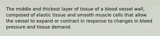 The middle and thickest layer of tissue of a blood vessel wall, composed of elastic tissue and smooth muscle cells that allow the vessel to expand or contract in response to changes in blood pressure and tissue demand.