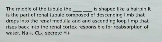 The middle of the tubule the ____ ____ is shaped like a hairpin It is the part of renal tubule composed of descending limb that drops into the renal medulla and and ascending loop limp that rises back into the renal cortex responsible for reabsorption of water, Na+, CL-, secrete H+