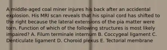 A middle-aged coal miner injures his back after an accidental explosion. His MRI scan reveals that his spinal cord has shifted to the right because the lateral extensions of the pia matter were torn. Function of which of the following structures is most likely impaired? A. Filum terminale internum B. Coccygeal ligament C. Denticulate ligament D. Choroid plexus E. Tectorial membrane