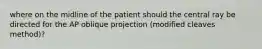 where on the midline of the patient should the central ray be directed for the AP oblique projection (modified cleaves method)?