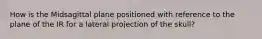 How is the Midsagittal plane positioned with reference to the plane of the IR for a lateral projection of the skull?