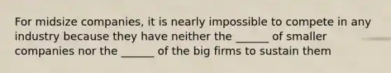 For midsize companies, it is nearly impossible to compete in any industry because they have neither the ______ of smaller companies nor the ______ of the big firms to sustain them