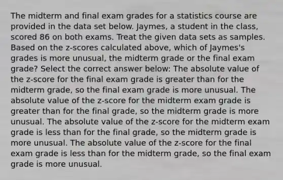 The midterm and final exam grades for a statistics course are provided in the data set below. Jaymes, a student in the class, scored 86 on both exams. Treat the given data sets as samples. Based on the z-scores calculated above, which of Jaymes's grades is more unusual, the midterm grade or the final exam grade? Select the correct answer below: The <a href='https://www.questionai.com/knowledge/kbbTh4ZPeb-absolute-value' class='anchor-knowledge'>absolute value</a> of the z-score for the final exam grade is greater than for the midterm grade, so the final exam grade is more unusual. The absolute value of the z-score for the midterm exam grade is greater than for the final grade, so the midterm grade is more unusual. The absolute value of the z-score for the midterm exam grade is <a href='https://www.questionai.com/knowledge/k7BtlYpAMX-less-than' class='anchor-knowledge'>less than</a> for the final grade, so the midterm grade is more unusual. The absolute value of the z-score for the final exam grade is less than for the midterm grade, so the final exam grade is more unusual.