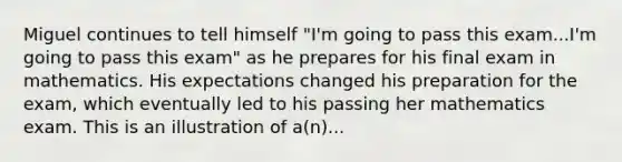 Miguel continues to tell himself "I'm going to pass this exam...I'm going to pass this exam" as he prepares for his final exam in mathematics. His expectations changed his preparation for the exam, which eventually led to his passing her mathematics exam. This is an illustration of a(n)...