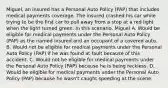 Miguel, an insured has a Personal Auto Policy (PAP) that includes medical payments coverage. The insured crashed his car while trying to be the first car to pull away from a stop at a red light when the light turned green. In this scenario, Miguel A. Would be eligible for medical payments under the Personal Auto Policy (PAP) as the named insured and an occupant of a covered auto. B. Would not be eligible for medical payments under the Personal Auto Policy (PAP) if he was found at fault because of this accident. C. Would not be eligible for medical payments under the Personal Auto Policy (PAP) because he is being reckless. D. Would be eligible for medical payments under the Personal Auto Policy (PAP) because he wasn't caught speeding at the scene.