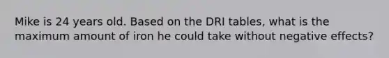 Mike is 24 years old. Based on the DRI tables, what is the maximum amount of iron he could take without negative effects?