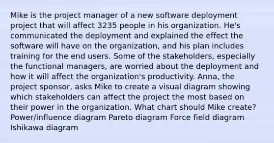 Mike is the project manager of a new software deployment project that will affect 3235 people in his organization. He's communicated the deployment and explained the effect the software will have on the organization, and his plan includes training for the end users. Some of the stakeholders, especially the functional managers, are worried about the deployment and how it will affect the organization's productivity. Anna, the project sponsor, asks Mike to create a visual diagram showing which stakeholders can affect the project the most based on their power in the organization. What chart should Mike create? Power/influence diagram Pareto diagram Force field diagram Ishikawa diagram