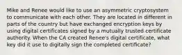 Mike and Renee would like to use an asymmetric cryptosystem to communicate with each other. They are located in different in parts of the country but have exchanged encryption keys by using digital certificates signed by a mutually trusted certificate authority. When the CA created Renee's digital certificate, what key did it use to digitally sign the completed certificate?