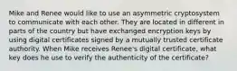 Mike and Renee would like to use an asymmetric cryptosystem to communicate with each other. They are located in different in parts of the country but have exchanged encryption keys by using digital certificates signed by a mutually trusted certificate authority. When Mike receives Renee's digital certificate, what key does he use to verify the authenticity of the certificate?