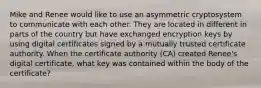 Mike and Renee would like to use an asymmetric cryptosystem to communicate with each other. They are located in different in parts of the country but have exchanged encryption keys by using digital certificates signed by a mutually trusted certificate authority. When the certificate authority (CA) created Renee's digital certificate, what key was contained within the body of the certificate?