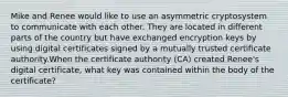 Mike and Renee would like to use an asymmetric cryptosystem to communicate with each other. They are located in different parts of the country but have exchanged encryption keys by using digital certificates signed by a mutually trusted certificate authority.When the certificate authority (CA) created Renee's digital certificate, what key was contained within the body of the certificate?