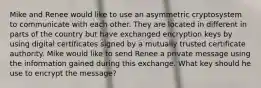 Mike and Renee would like to use an asymmetric cryptosystem to communicate with each other. They are located in different in parts of the country but have exchanged encryption keys by using digital certificates signed by a mutually trusted certificate authority. Mike would like to send Renee a private message using the information gained during this exchange. What key should he use to encrypt the message?