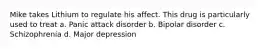 Mike takes Lithium to regulate his affect. This drug is particularly used to treat a. Panic attack disorder b. Bipolar disorder c. Schizophrenia d. Major depression