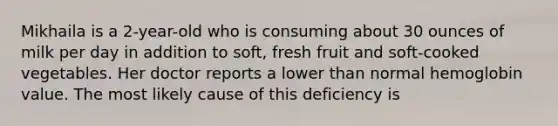 Mikhaila is a 2-year-old who is consuming about 30 ounces of milk per day in addition to soft, fresh fruit and soft-cooked vegetables. Her doctor reports a lower than normal hemoglobin value. The most likely cause of this deficiency is