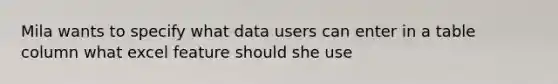 Mila wants to specify what data users can enter in a table column what excel feature should she use