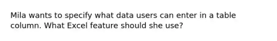 Mila wants to specify what data users can enter in a table column. What Excel feature should she use?