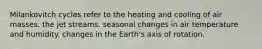 Milankovitch cycles refer to the heating and cooling of air masses. the jet streams. seasonal changes in air temperature and humidity. changes in the Earth's axis of rotation.