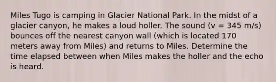 Miles Tugo is camping in Glacier National Park. In the midst of a glacier canyon, he makes a loud holler. The sound (v = 345 m/s) bounces off the nearest canyon wall (which is located 170 meters away from Miles) and returns to Miles. Determine the time elapsed between when Miles makes the holler and the echo is heard.