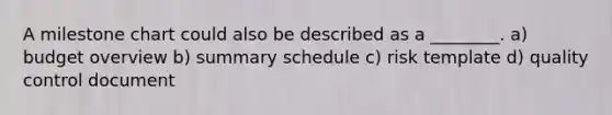 A milestone chart could also be described as a ________. a) budget overview b) summary schedule c) risk template d) quality control document