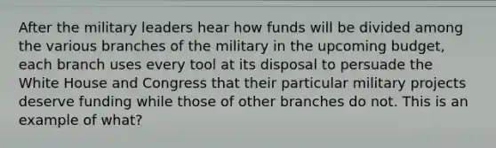 After the military leaders hear how funds will be divided among the various branches of the military in the upcoming budget, each branch uses every tool at its disposal to persuade the White House and Congress that their particular military projects deserve funding while those of other branches do not. This is an example of what?