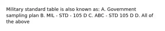 Military standard table is also known as: A. Government sampling plan B. MIL - STD - 105 D C. ABC - STD 105 D D. All of the above