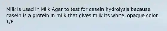 Milk is used in Milk Agar to test for casein hydrolysis because casein is a protein in milk that gives milk its white, opaque color. T/F